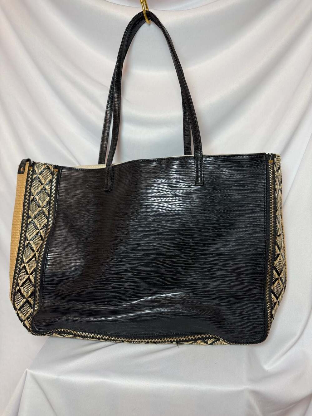 Sondra Roberts Squared Black Epi Textured Tote with Woven Diamond Side Panels
